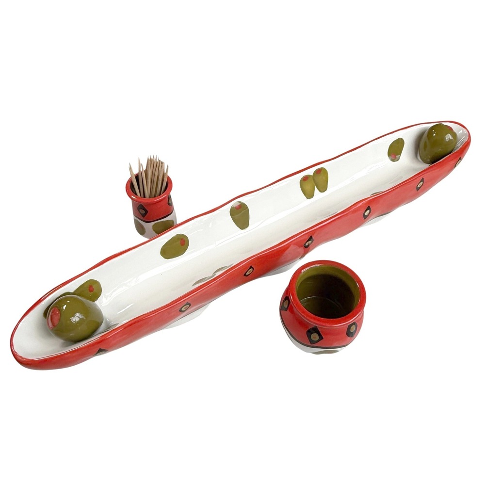 Olive Relish Tray Set 3D Red Ceramic Toothpick Holder Italian Party Charcuterie